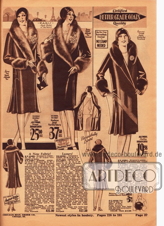Zwei hochpreisige Wintermäntel aus Woll-Chiffon-Breitgewebe mit Verbrämung aus chinesischem Schafsfell (links) und Kaninchenfell (rechts) sowie ein Mantel aus sealpelzartig verarbeitetem Seidenplüsch und mit chinesischer Schafsfellverbrämung. Dezente, unaufdringliche Gestaltungen markieren Understatement, während die seitlich gearbeiteten Faltenwürfe typisch sind für die elegante Mantelmode 1929-30.