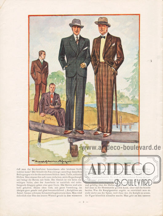 Artikel:
Henschke, Bruno, Die neue Mode für Frühjahr und Sommer 1929. Ein Modebrief.
Die Zeichnung zeigt die moderne Herrenmode im Frühling. Im Vordergrund links wird ein einreihiger Sakkoanzug mit zwei Knöpfen und mit steigenden Revers gezeigt, rechts ebenfalls ein einreihiger Sakkoanzug mit fallenden Revers, der auf nur einem Knopf geschlossen wird. Der elegante Schnitt erfolgt nach Maßgabe der aktuellen Idealfigur: „Breite Schultern, enge Taille und schmale, fließende Hüften“ (siehe Seite 3).
Zeichnung: Harald Schwerdtfeger.