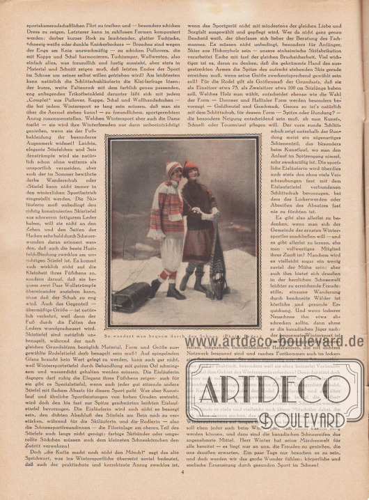 Artikel:
Dahl, Annie, Sportfreuden im Winter.
Im Zentrum des Artikels wird eine Fotografie präsentiert, die zwei Frauen in sportlichen Winterkleidern im Schnee zeigt. Die Bildunterschrift lautet „So wandert man bequem durch den Schnee“.
Foto: Joel Feder.
