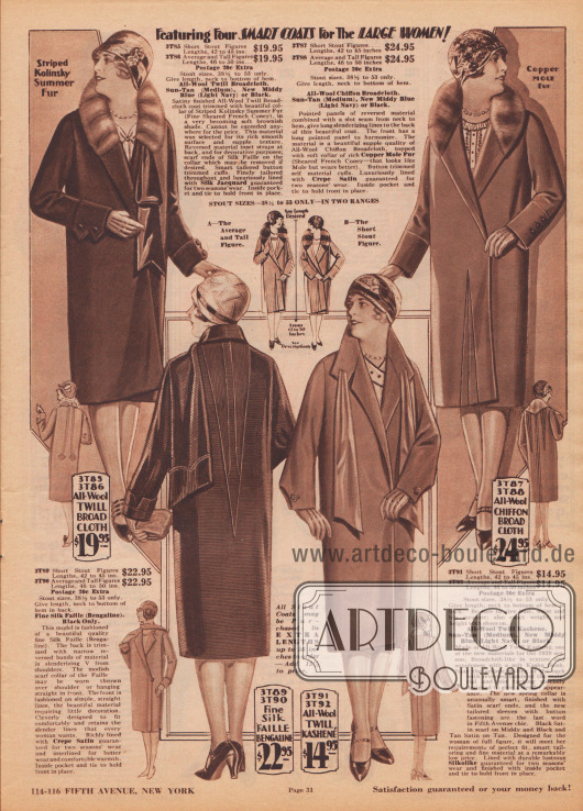 „Hier vier elegante Mäntel für die füllige Frau!“ (engl. „Featuring Four SMART COATS For The LARGE WOMAN!“).
Höherpreisige Mäntel aus Woll-Breitgewebe, Faille Seide (Bengaline), Woll-Kasha und Woll-Chiffon-Breitgewebe. Die oberen beiden Modelle sind mit gefärbten und geschorenen französischen Kaninchenfellen verbrämt. Diese exklusiven Mäntel für die vollschlanke Dame zeigen die derzeit so beliebten Schals und schalartigen Schluppen am Kragen. Zurückhaltende Biesenverzierungen sind ebenfalls modische Akzente.