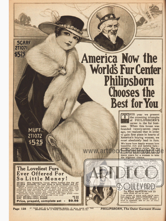 "America Now the World's Fur Center. Philipsborn Chooses the Best for You" (dt. „Amerika nun das Zentrum des Weltweiten Pelzumschlags. Philipsborn wählt das Beste für Sie aus.“).
Beginn der Pelzabteilung des Versandhauskataloges. Auf dieser Seite befindet sich ein Pelzset bestehend aus Schal (Stola) und Muff aus Island Fuchs für zusammen 9,98 Dollar.