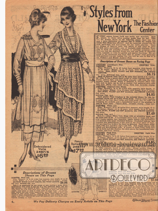„Mode aus New York – Dem Modezentrum“ (engl. „Styles From New York – The Fashion Center“). Beginn der Abteilung für Damenmode und Backfischkleider.
Zwei leichte Sommerkleider aus weißem, besticktem Voile (Schleierstoff) oder schwarz-weiß (oder marineblau und weiß) gepunktetem Voile.
Das erste Kleid besitzt je ein mit Hohlnähten und Stickereien versehenes Paneel aus dem Kleidmaterial vorne und im Rücken. Während die Manschetten Biesen zeigen, ist der runde Doppelkragen aus Organdy mit Valenciennesspitze berandet. Das zweite Kleid besitzt eine doppelte Tunika, die nicht ganz rundumgeführt ist. Ränder der Tunika mit Einfassborte.