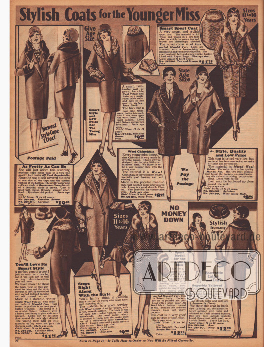 „Modische Mäntel für die junge Dame“ (engl. „Stylish Coats for the Younger Miss“).
Herbst- und Wintermäntel für junge Mädchen im Alter zwischen 11 und 16 Jahren. Die Mäntel sind aus Woll-Breitgewebe, Woll-Velours, Woll-Chinchilla, reinem Wollstoff, Woll-Velours oder Woll-Tweed gefertigt. Als Pelzverbrämungen dienen die Felle von biberartig gefärbtem Kaninchen, Astrachan-Wolle (Kunstpelz) sowie importiertem „Mandel fur“ (chinesisches Schaf).