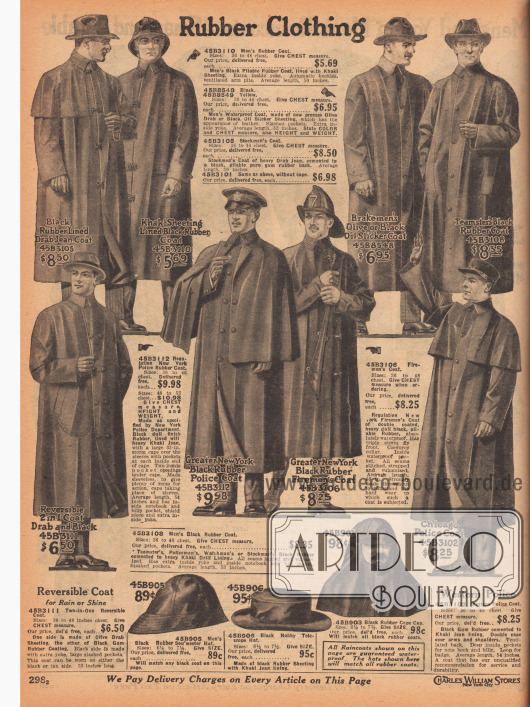 „Gummierte Kleidung“ (engl. „Rubber Clothing“).
Regenmäntel aus gummierten Geweben, Gummi oder Ölzeug für Männer oder wie im Speziellen hier suggeriert für Viehzüchter und Landwirte. Ein Modell für Feuerwehleute sowie zwei Regenmäntel in Anlehnung an die Mäntel der New Yorker und Chicagoer Polizei. Einzelne Modelle sind mit Khaki-Baumwollgewebe gefüttert, mit Cape oder Pelerine oder mit einem Belüftungsschlitz im Rücken versehen.
Unten sind auch Regenhauben für Fischer, ein Regenhut und eine capeartige Sturmhaube im Angebot.