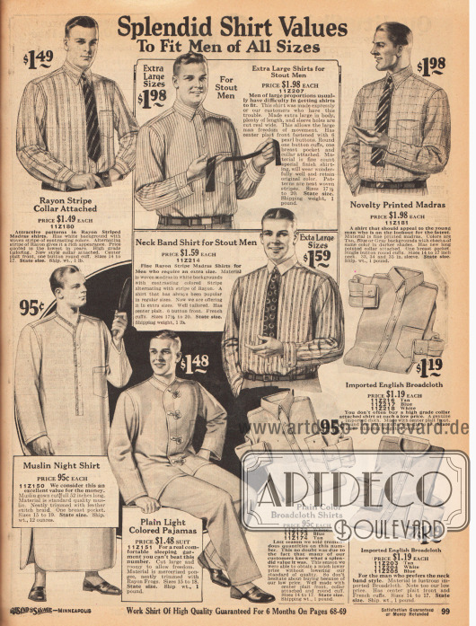 Anzughemden mit fest vernähten Kragen für Herren (ein Modell mit Anknöpf-Kragen). Die Hemden sind aus farbig gestreiftem oder bedruckten Madras sowie importiertem englischen Breitgewebe. Die beiden mit Rahmen versehenen Modelle in der Mitte sind speziell für stärker gebaute Herren.
Unten links sind ein langes Nachthemd aus Musselin und ein zweiteiliger Pyjama aus merzerisiertem Pongee. Die Pyjamajacke ist mit dekorativ gearbeiteten Schließen (engl. „Rayon Frog Fastening“) versehen.