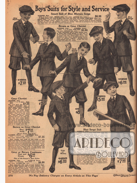 „Jungenanzüge mit Stil und Haltbarkeit“ (engl. „Boy’s Suits for Style and Service“).
Widerstandsfähige Norfolk-Anzüge mit Taillengürtel, Brusttaschen und kurzen Hosenbeinen für Jungen im Alter zwischen 7 und 17 Jahren. Die Anzüge sind aus grauem oder braunem Cheviot oder marineblauem Baumwoll-Woll-Serge. Die Stoffe sind entweder in sich gemustert oder zeigen Heringsmuster sowie vertikale oder diagonale Streifenmuster.