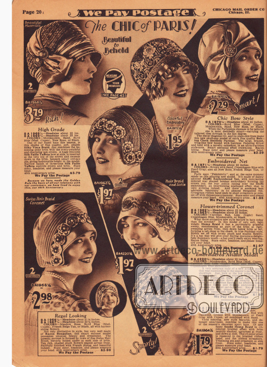 „Die Pariser Eleganz! Wunderschön anzusehen“ (engl. „The Chic of Paris! Bautiful to behold“).
Sieben sommerliche Damenhüte aus seidigem Visca-Stroh, „Belting Cloth“, „Pedaline“-Stroh, „Shiffi Embroidered Net“ (besticktes Netzgewebe), Hanfstroh, schimmerndem Satin und Pyroxylin-Gewebe (Pferdehaar-Imitat aus Kunstseide) sowie Rayon-Bengaline.
Als Aufputz dienen große Schleifen aus Seiden-Faille-Taft und farbige Bänder aus demselben Material, Stickereien (bsp. „Bonnaz embroidery“), Ripsbänder, Hutnadeln mit Strasssteinen, rund geschliffene Schmucksteine („cabochon“), Kunstblumen aus Musselin oder Plüsch, diademartige Stoffapplikationen sowie Schweizer Haargeflecht (engl. „Swiss hair braid“, wahrscheinlich Pferdehaar).
Einzelne Modelle orientieren sich im Stil an Fliegermützen oder an den damals populären schädelengen Käppchen (engl. „skull-caps“).