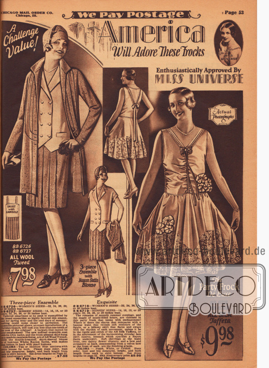 Doppelseite mit einem Kleid aus Seiden Krepp, dessen breiter Kragen aus Georgette und Spitze ist, einem Kleidchen aus Crêpe de Chine für Mädchen bis 6 Jahre, 2 Ensembles aus Rayon Krepp und Woll-Tweed sowie einem Tanzkleid aus Seiden-Taft.
Auch Miss Universe 1928 Ella Van Hueson bestätigt, dass „Amerika diese Kleider bewundern wird“ (Ausschnitt rechts oben).