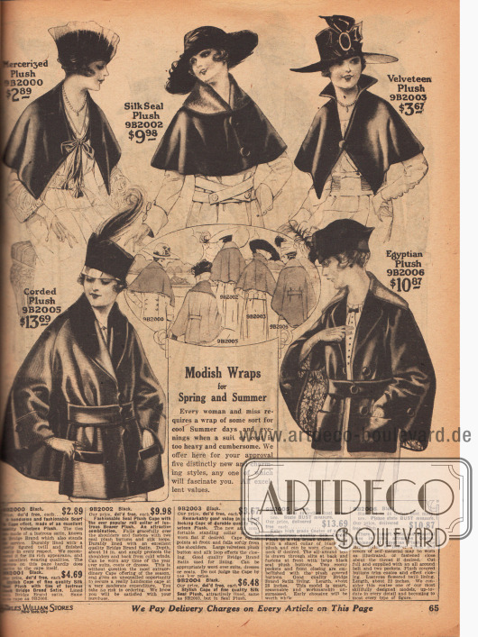 Drei elegante Umhänge (zwei Capes und eine Pelerine in der Mitte) aus merzerisiertem Samt Plüsch und geschorenem Robben- bzw. Seehundpelz. Die Capes werden auf einen oder zwei Knöpfe oder per Bandschleifen geschlossen.
Darunter befinden sich zwei Jacken mit angeschnittenen Umhängen aus geripptem Samt-Plüsch oder ägyptischem Plüsch. Letzterer ist mit einem Kragen aus geschorenem Biberpelz verbrämt.
