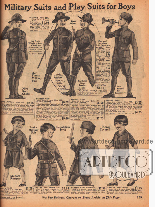 „Militäranzüge und Spielanzüge für Jungen“ (engl. „Military Suits and Play Suits for Boys“).
Militäruniformen als Spielanzüge für 2 bis 18-jährige Jungen und Jungen im jugendlichen Alter. Die Uniformen sind aus olivgrünen Khakigeweben. Die Uniformjacken zeigen hochgeschlossene Kragen und bis zu vier aufgesetzte Taschen mit Taschenklappen. Dazu werden Breeches (Reiterhosen) getragen.
Unten sind militärische Spielanzüge (engl. „Military Romper“), Uniformen und ein Khaki Overall für 2 bis 10-jährige Jungen zu finden.