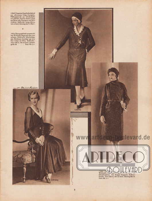 6109: Elegantes Gesellschaftskleid aus schwarzem Crêpe Georgette. Hüftpassenrock aus Glockenbahnen gebildet. Aparter Ärmel. Passe aus Spitze oder Georgette mit Perlstickerei.
6110: Übergangskleid aus gestreiftem Wollstoff, längs und quer verarbeitet. Effektvolle Schnitteilungen. Kleidsame Garnitur aus weißem Crêpe de Chine.
6111: Frühjahrsmantel aus feinem, genopptem Wollstoff. Breit übertretende, geradlinige Form mit Schnallengürtel. Am Kragen Stepperei.
Fotos: Joel Feder, New York City (Lebensdaten unbekannt).