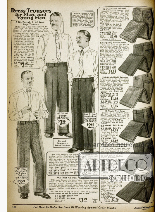 Doppelseite mit Anzughosen für den Mann aus Woll-Serge, Kaschmir, Woll-Tweed, Serge, Khaki, Cheviot, Wollmischstoffen, Flanell und Kord in verschiedensten Webmustern und Farbnuancen sowie Knickerbockerhosen für sportliche Aktivitäten.