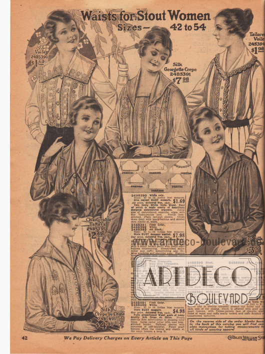 „Blusen für stärker gebaute Damen“ (engl. „Waists for Stout Women“).
Die Blusen sind aus Voile (Schleierstoff), Seiden-Georgette Krepp, farblich changierendem Taft oder japanischer Seide hergestellt.
Breite Schulterkragen (Matrosenkragen) sind en vogue. Die Blusen sind mit vertikalen Biesen, flächigen Stickereien, Hohlnähten, Zierknöpfen oder Spitzenkanten versehen.
