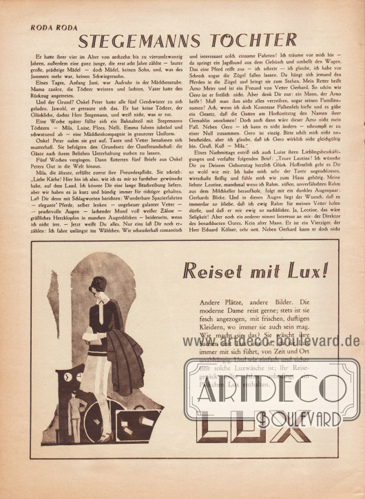 Artikel:
Roda Roda, Stegemanns Töchter.
Werbung:
Lux Waschmittel für die Reise.