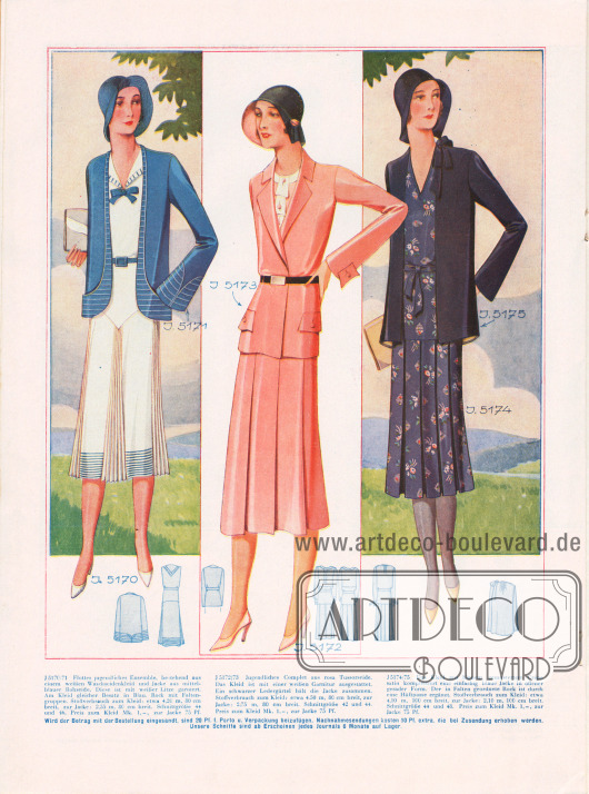 5170/71: Flottes jugendliches Ensemble, bestehend aus einem weißen Waschseidenkleid und Jacke aus mittelblauer Rohseide. Diese ist mit weißer Litze garniert. Am Kleid gleicher Besatz in Blau. Rock mit Faltengruppen.
5172/73: Jugendliches Complet aus rosa Tussorseide. Das Kleid ist mit einer weißen Garnitur ausgestattet. Ein schwarzer Ledergürtel hält die Jacke zusammen.
5174/75: Das Kleid aus blauem, gemustertem Crêpe-Satin komplettiert eine einfarbig blaue Jacke in offener gerader Form. Der in Falten geordnete Rock ist durch eine Hüftpasse ergänzt.