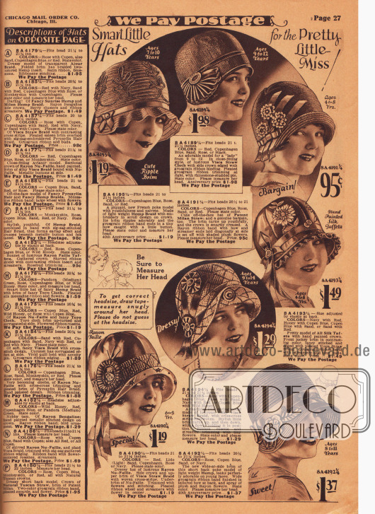 „Pfiffige kleine Hüte für die hübsche junge Dame“ (engl. „Smart Little Hats for the Pretty Little Miss!“).
Auf der Seite werden sieben Hüte für Mädchen für 4 bis 14-jährige Mädchen angeboten. Die Hüte sind aus Hanfgeflecht, Visca-Stroh, schimmerndem Mailänder Stroh, Seiden-Taft, seidigem Visca-Stroh und Rayon Faille. Ripsbänder, aufgestickte Kunstblumen, Blätter und Ornamente, Hutnadeln mit Strasssteinen und Applikationen geben jedem Hütchen eine individuelle Note.