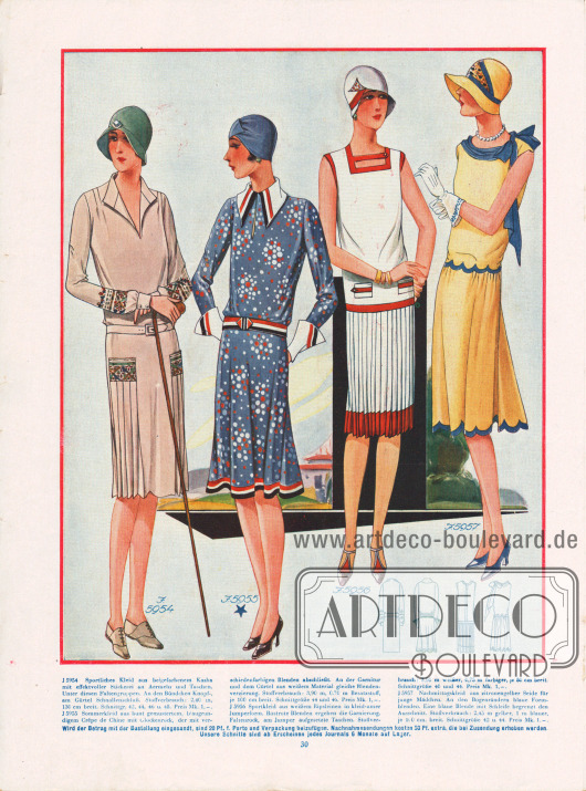 5954: Sportliches Kleid aus beigefarbenem Kasha mit effektvoller Stickerei an Ärmeln und Taschen. Unter diesen Faltengruppen. An den Bündchen Knopf-, am Gürtel Schnallenschluß.
5955: Sommerkleid aus bunt gemustertem, blaugrundigem Crêpe de Chine mit Glockenrock, der mit verschiedenfarbigen Blenden abschließt. An der Garnitur und dem Gürtel aus weißem Material gleiche Blendenverzierung.
5956: Sportkleid aus weißem Ripsleinen in kleidsamer Jumperform. Rostrote Blenden ergeben die Garnierung. Faltenrock, am Jumper aufgesetzte Taschen.
5957: Nachmittagskleid aus zitronengelber Seide für junge Mädchen. An den Bogenrändern blaue Formblenden. Eine blaue Blende mit Schleife begrenzt den Ausschnitt.