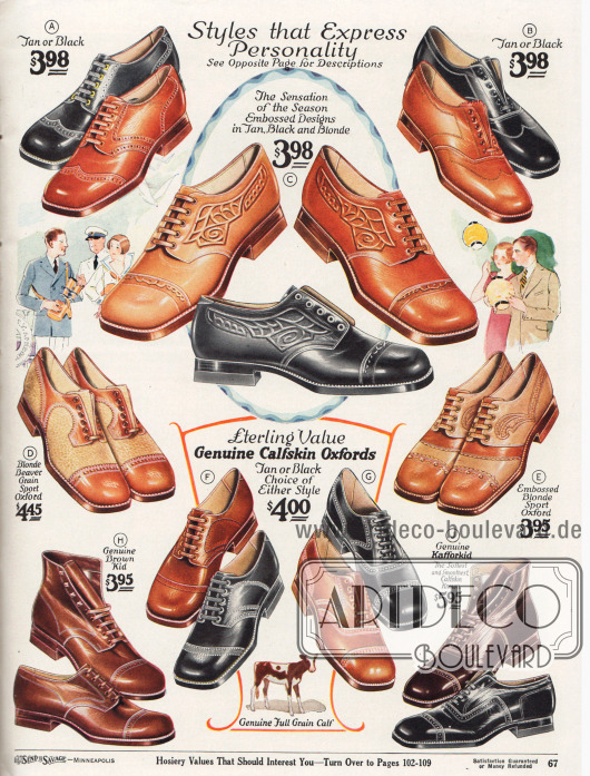 Sehr elegante Herrenschuhe (Derbys, Oxfords und Stiefeletten) mit kantigen Kappen für Straße, Geschäft oder auch für die Freizeit. Die Halbschuhe sind aus Kalbsleder und anderen Ledersorten in den Farben Beige, Hellbraun, Braun, Dunkelbraun und Schwarz.
Zwei Modelle sind mit zwei unterschlich gefärbten Ledern kombiniert („Two-tone oxfords“, D, E) und für Golf oder zum Flanieren im Kurort ideal. Einige Exemplare sind kunstvoll geprägt (C, E) oder mit Mehrfach-Ziernähten verschönt. Manche zeigen eine Lochlinienverzierung, also ornamentale Perforation, über der Querkappe (A, D, E, H, J). Alle Herrenschuhe sind Rahmenvernäht („Goodyear welted“).