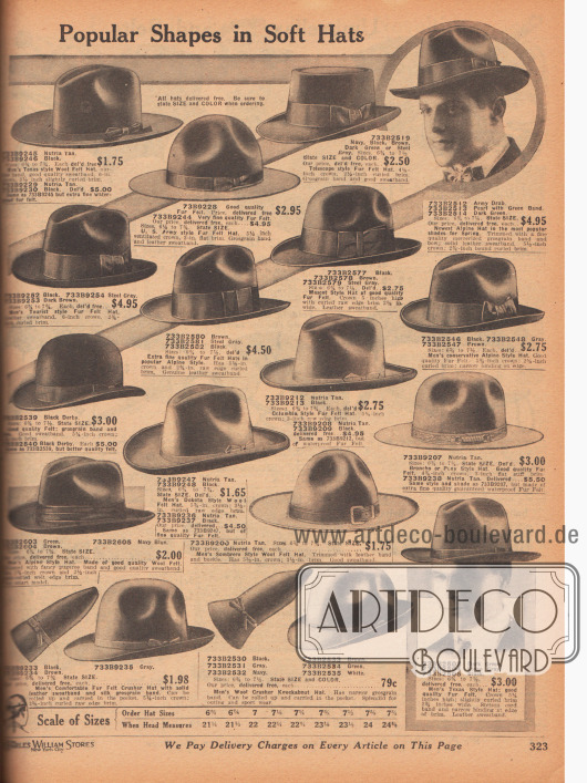„Beliebte Formen für weiche Hüte“ (engl. „Popular Shapes in Soft Hats“).
Filzhüte mit Schweißbändern in der Innenseite und mit schmalen oder breiten Ripsbändern und Schleife außen für Herren.
Unter den Hutmodellen sind Männerhüte im Texas Stil, Sombrero Stil, Teleskop, Mascot Stil, im Alpinen Stil, Touristen Stil, Kolumbianischen Stil oder im Dakota Stil sowie eine Melone (engl. „Bowler“).
Unten auf der Seite befinden sich leichte Wollfilzhüte die eingerollt werden können.