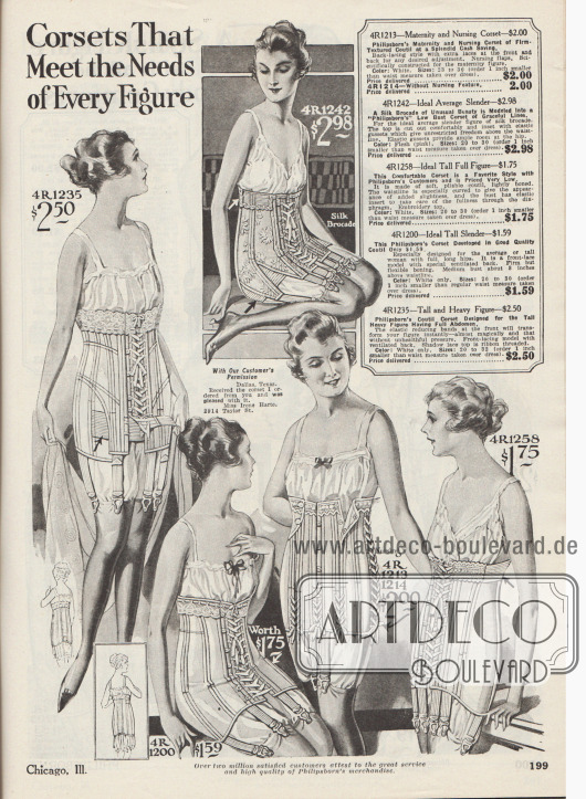 „Korsetts die die Bedürfnisse jeder Figur erfüllen“ (engl. „Corsets That Meet the Needs of Every Figure“).
Korsetts mit Mieder speziell für großgewachsene Damen mit schlanker bis leicht überdurchschnittlicher Figur sowie ein Schwangerschaftskorsett mit Stillklappen für werdende Mütter (4R1213).
Die Korsetts sind aus Coutil (robuster, dicht gewebter Baumwollstoff) oder Seiden-Brokat und sind mit leichten Metalldrähten ausgestattet. Elastische Bänder und Einsätze geben Bewegungsfreiheit und Komfort. Das Modell links (4R1235) besitzt einen atmungsaktiven Einsatz (engl. „ventilated back“). Mehrere Modelle mit Seidenborte oder einer Zierblende aus Schattenspitze. Vier Modelle mit Frontschnürung, eines wird über Haken und Ösen geschlossen.