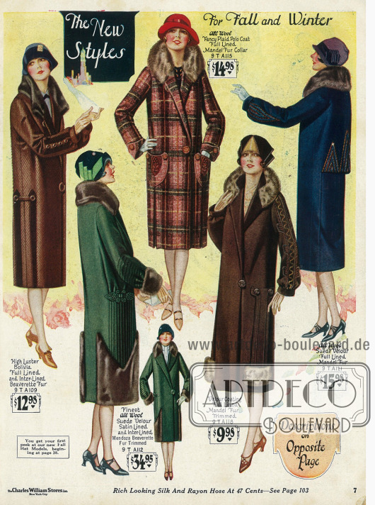 Wintermäntel aus leicht glänzendem „Bolivia“ (Wollstoff), Woll-Veloursleder, Polo-Wolle und reinem Velours mit Bieberpelzbesatz. Dezente Motiv- und Panelstickereien verschönern Ärmel, Rücken und Taschen.