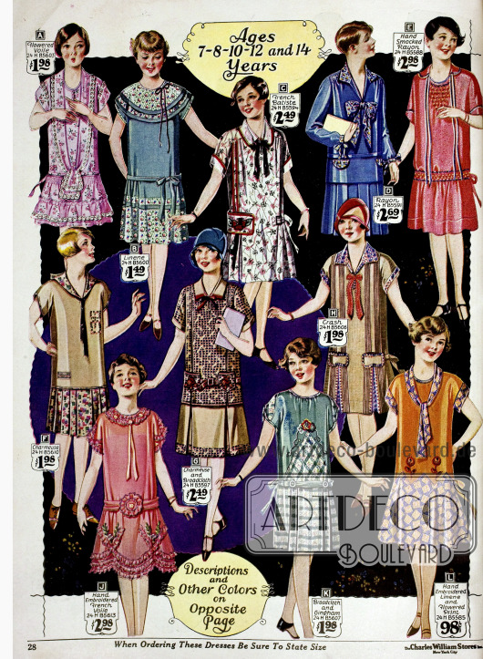 Kleidchen für 7 bis 14-jährige Mädchen, die in Stil und Machart den Kleidern für erwachsene Frauen nachempfunden sind. Die Kleider sind aus Charmeuse, Schleierstoff, Batist, Rayon, Juteleinen, Leinen, Breitgewebe und Gingham. Manche Kleidchen sind teilweise per Hand bestickt (J, L) oder weisen eine Fältchennäherei auf (E). Die Stoffe sind größtenteils bedruckt.