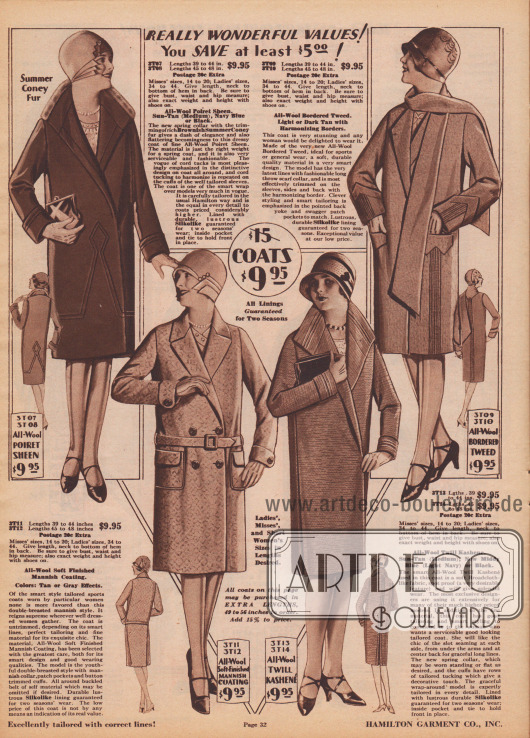 Kleidsame Damenmäntel für das Frühjahr aus Woll-Poiret Gewebe, Wollmischgewebe und Woll-Kasha zum Einzelpreis von 9,95 Dollar. Der Mantelkragen des Modells links oben ist mit leichtem Kaninchenpelz besetzt.
Die Mäntel sind mit Biesen in der Frontpartie, im Rücken, an den Ärmelaufschlägen oder an den Kragen verziert. Der Mantel oben rechts zeigt einen Schal aus dem Mantelmaterial, wie es gerade en vogue ist. Der Mantel unten links ist ein doppelreihiger Sportmantel mit Gürtel und aufgesetzten Taschen.