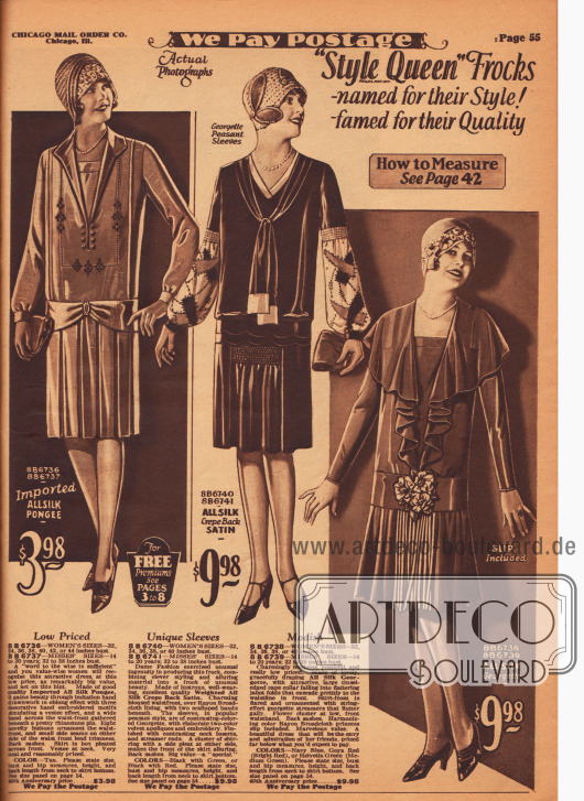 Doppelseite mit sechs Damenkleidern aus Seiden Krepp, Seiden-Satin, Rayon Krepp und Seiden-Georgette.
