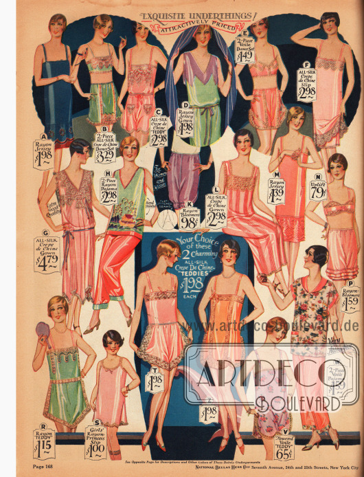 Damenunterwäsche, Pyjamas (D, H, W) und Schlafröcke (G, L) aus Rayon-Jersey, Seiden Crêpe de Chine, Schleierstoff oder Rayon.
Unter der Unterwäsche finden sich Unterröcke (A, F, M), ein Unterrock für Mädchen (S), zweiteilige Bustier-Schlupfhöschen Kombinationen (B, E, N, P), einteilige Hemd-Höschen Kombinationen, die in den USA „Teddy Bloomers“ oder „Step-In Teddy“ genannt wurden (C, R, T, Z, V) sowie Pumphöschen mit und ohne Rüschen (K, P).