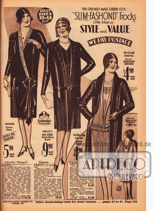 Zwei Tageskleider und ein Ensemble speziell für fülligere Damen aus Rayon-Satin und Seiden-Satin Krepp. Der Mantel des Ensembles ist aus Rayon-Brokat und das Kleid aus Rayon-Seide.
Der bis zu den Hüften gehende Schalkragen des ersten Kleides sowie die Ärmelaufschläge sind mit Ècruspitze besetzt. Auch der Kragen des zweiten Kleides ist bogenartig gearbeitet und gibt die Sicht auf einen darunter liegenden Westeneinsatz frei. Die Röcke aller Kleider sind plissiert oder zeigen eingearbeitete Kellerfalten.