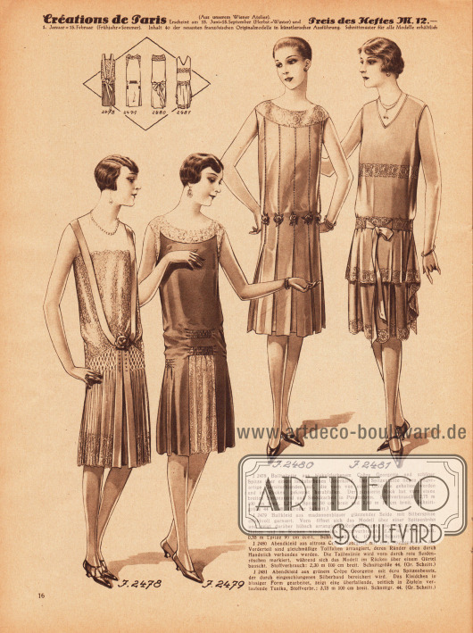 2478: Balltoilette aus biskuitfarbenem Crêpe Georgette und schöner Spitze über einem lachsfarbenen Unterkleid. Der Spitzentaille liegen trägerartige Garniturblenden auf, die vorn von einer Goldrose gehalten werden und im Rücken geknotet herabfallen. Der plissierte Rock hat vorn einen breiten Spitzenrand und Smockarbeit in Passenform.
2479: Ballkleid aus madonnenblauer glänzender Seide mit Silberspitze effektvoll garniert. Vorn öffnet sich das Modell über einer Spitzenbahn und zeigt darüber hübsch arrangierte Reihziehungen, die sich abwärts der Hüften und im Rücken wiederholen.
2480: Abendkleid aus altrosa Crêpe Georgette mit écru Spitzenpasse. Am Vorderteil sind gleichmäßige Tollfalten arrangiert, deren Ränder oben durch Handstich verbunden werden. Die Taillenlinie wird vorn durch rote Seidenröschen markiert, während sich das Modell im Rücken über einem Gürtel bauscht.
2481: Abendkleid aus grünem Crêpe Georgette mit écru Spitzenbesatz, der durch eingeschlungenes Silberband bereichert wird. Das Kleidchen in blusiger Form gearbeitet, zeigt eine überfallende, seitlich in Zipfeln verlaufende Tunika.