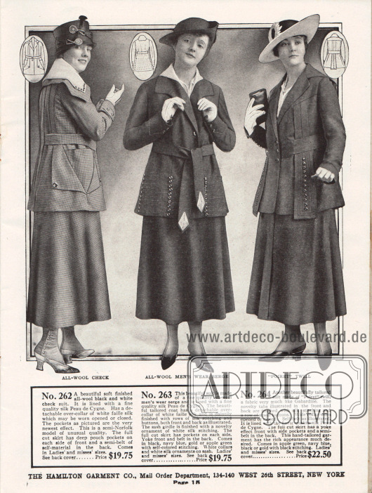 Damenkostüme der oberen Preiskategorie aus fein kariertem Wollstoff, Woll-Serge und „Poiret twill“, einem Wollgewebe, das Gabardine ähnelt.
Die Kostümjacke des ersten Modells zeigt einen raffinierten Schnitt sowie fantasievoll eingearbeitete Beuteltaschen. Es ist ein „semi-Norfolk“ Modell, da es ähnlich den Norfolk Anzügen für Männer im Rück eingearbeitete Falten für mehr Bewegungsfreiheit besitzt.
Die Jacke des zweiten Kostüms ist mit Seiden Peau de Cygne gefüttert. Der Kragen ist abnehmbar. Schwarze Zierknöpfe und umfassende Stickereien geben dem Modell den besonderen Reiz.
Augenscheinlichstes Merkmal des letzten Modells sind die bestickten und mit Knöpfen versehenen Stoffstreifen, die von der Brust ausgehen.
