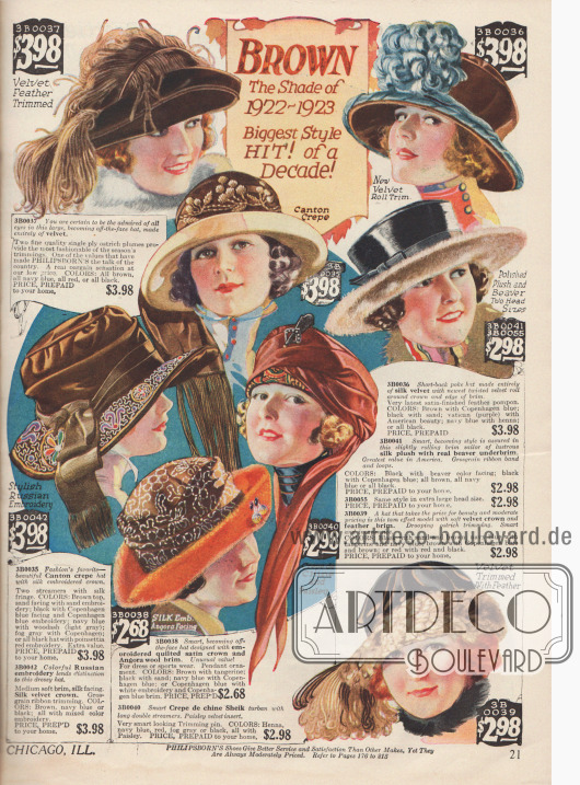 Damenhüte mit "off-the-face" Effekt (einer Hutkrempe, die aus dem Gesicht gebogen ist) in der aktuellen Modefarbe Braun. Die Hüte sind aus Samt, Seiden-Samt, Crêpe de Chine und Seiden-Plüsch mit Verzierungen aus Seidenstickereien und Federn. Die Hutkrempen sind besetzt mit Bieberpelz und Angorawolle. Ein Turban in der Mitte.