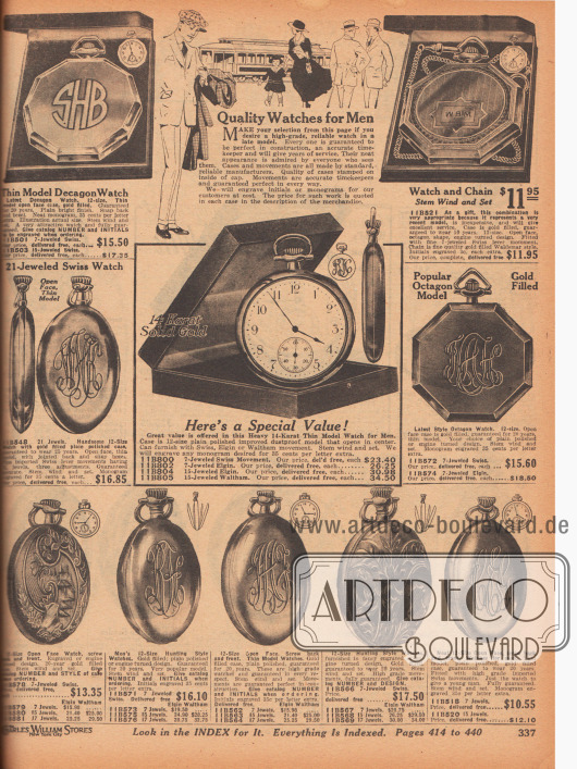 Taschenuhren für Männer.
Die kunstvoll gravierten Gehäuse der Taschenuhren für Herren sind rund, oktogonal (achteckig) oder dekagonal (zehneckig) und aus Metall und Echtgold hergestellt und mit Edelsteinen besetzt. Alle Modelle (außer einem) werden ohne Kette angeboten. Einzelne Uhren haben Garantien von 10, 15, 20 oder 25 Jahren.