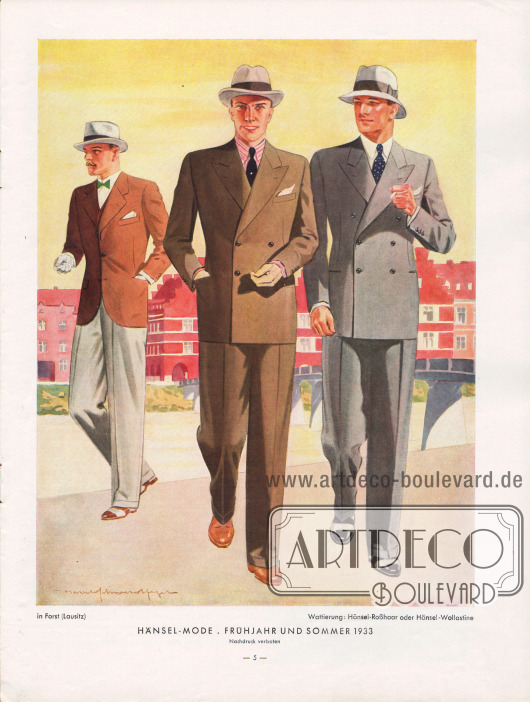 Herrenanzüge 1933. Die Linie zeichnet sich durch breite Schultern, eine leichte, aber deutliche Taillierung und eine schmale, aber locker geschnittene Hüfte aus. Der Schließknopf soll sich laut „Hänsel-Echo“ genau in der Taille befinden. „Der meist dreiknöpfige Frühjahrs-Einreiher hat fallende, der zweiknöpfige Sommer-Einreiher steigende Fasson (Revers).“
Zeichnung: Harald Schwerdtfeger.