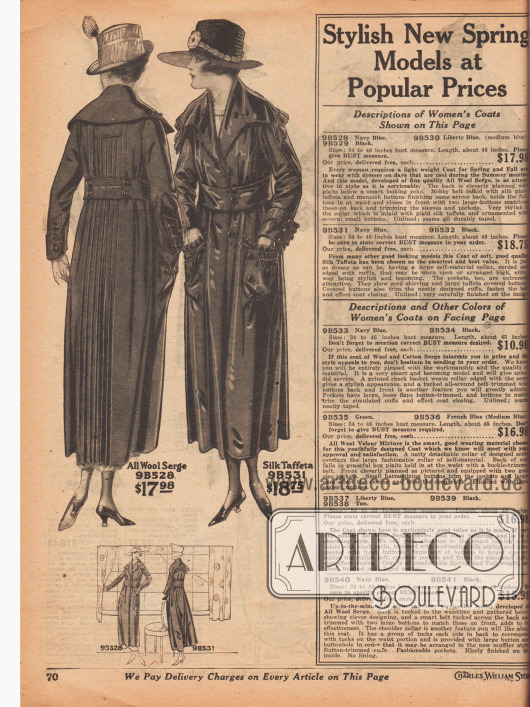 Zwei Frühjahrsmäntel aus reinem Woll-Serge und Seiden-Taft für mode- und stilbewusste Damen. Die Mäntel sind in Schwarz, Marineblau oder „Freiheitsblau“ (engl. „Liberty Blue“, Mittelblau) bestellbar.
Der erste Mantel zeigt eine plissierte Rückenpartie ausgehend von der Mitte des Rückens bis zum Saum. Der zweite Mantel präsentiert eine Rüsche an der Kante des überbreiten Kragens. Gekräuseltes Material ist auch an den aufgesetzten Taschen und den Manschetten zu finden. Beide Modelle sind ungefüttert und mit dekorativen Zierknöpfen versehen.