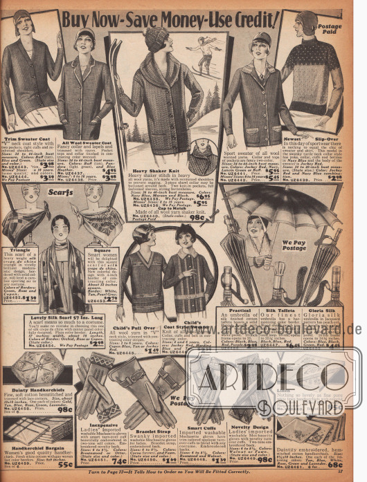 Strickjacken und Pullover für junge Mädchen und Damen aus Wollstoffen sowie Halstücher, Regenschirme, Stofftaschentücher und Handschuhe.