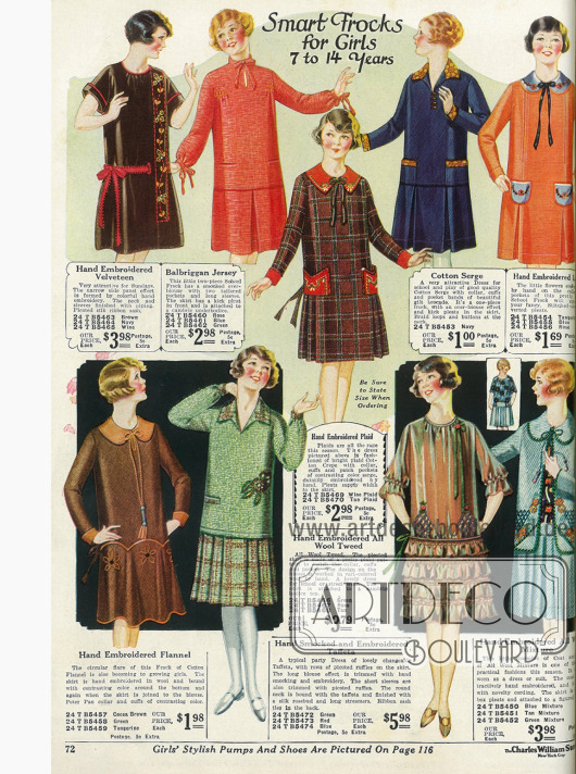Einfache Kleidchen für Mädchen von 7 bis 14 Jahren. Baumwollsamt, Jersey, Baumwollkrepp, Serge, Leinen, Flanell, Tweed, Taft und ein Baumwollmischstoff finden für die Kleidchen Verwendung.