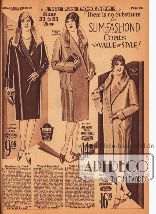 Drei Frühjahrsmäntel aus Seiden-Satin, Poiret-Wolle und Woll-Velours-Breitgewebe für vollschlanke Damen. Die Kragen sind mit hell gefärbten Kaninchenfellen verbrämt.
Die ersten beiden Mäntel zeigen punktuell zulaufende Kragen (engl. „Johnny collar“). Während beim ersten Mantel die kleidsame Stoffrückseite an Ärmeln und Kragen zum Vorschein kommt, gehen von der Achsel des zweiten Mantels vertikale Nähte aus, die knapp unterhalb der Hüfte auf Paneele stoßen. Der dritte Mantel präsentiert ebenfalls gabelförmig aufgehende Stoffpaneele im modernistischen Design.