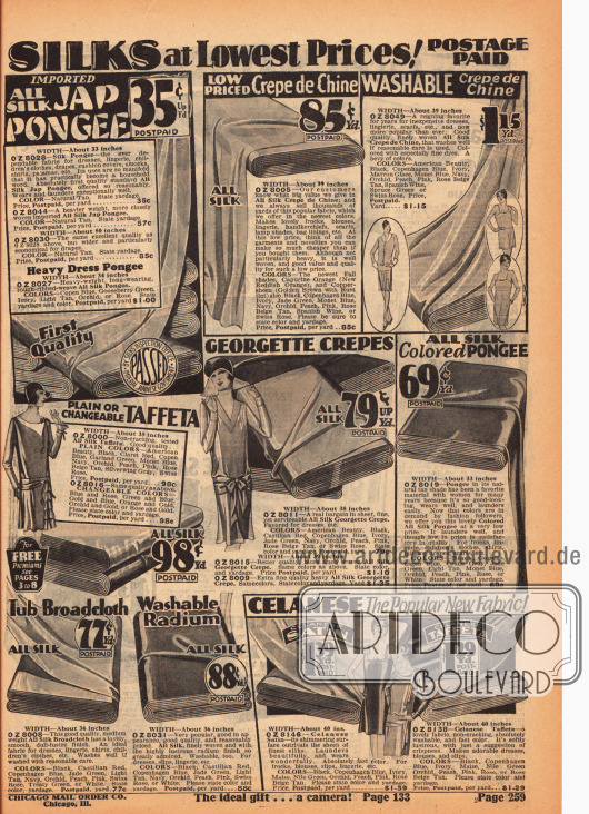 Seite mit einfarbigen, ungemusterten Seidenstoffen, wie japanischer Seide, Crêpe de Chine, Waschseide, Taft, Georgette Krepp, Seiden-Breitgewebe und die 1921 entwickelte Kunstfaser aus Cellulose, genannt Celanese, die hier mit Satin oder Taft gemischt wurde. Die Breite der Stoffe liegt zwischen 33 und 40 Inch (83,8 und 101,6 cm).