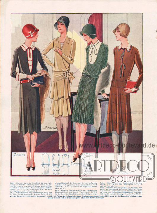 4051: Schwarzes Crêpe de Chine-Kleid für den Nachmittag. Das hübsche Modell zeigt einen weißen, rot paspelierten Einsatz, mit dem der Kragen und die Fechtmanschetten harmonieren. Roter Ledergürtel.
4052: Nachmittagskleid aus modefarbenem Woll-Crêpe de Chine. Schräg übereinander tretende Taille mit drapiertem Hüftgürtel, der den Ansatz des weit und glockig ausfallenden Doppelrockes deckt. Spitzenlätzchen.
4053: Einfaches Nachmittagskleid aus grünkariertem Phantasiewollstoff mit blauem Tupfenmuster. In Weiß ist der Crêpe de Chine-Latz mit flottem Krägelchen gehalten. Grüner Gürtel mit Galalithschnalle.
4054: Einfaches Nachmittagskleid aus braunem Wollkrepp, am Glockenrock in bogigen Linien mit Schnurstich verziert. Kragengarnitur aus crêmefarbigem Crêpe de Chine mit zweifarbigem Blendenbesatz.