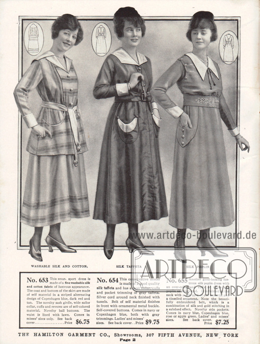 Günstige Damenkleider aus Waschseide und Baumwolle, Seiden-Taft sowie Seiden-Popeline.
Das linke Modell ist ein Sportkleid und besteht aus einer Jacke und einem Rock gleichen Materials. Das Oberteil zeigt einen breiten Matrosenkragen und einen Stoffgürtel dessen Enden mit neuartigen kugelförmigen Knöpfen beschwert sind. Das folgende Kleid besitzt eine Kragen-, Ärmel- und Taschengarnitur aus grauem Taft. Das besondere Merkmal des rechten Modells ist der von Hand bestickte Taillengürtel sowie die Seidenkordeln im Brust- und Nackenbereich.