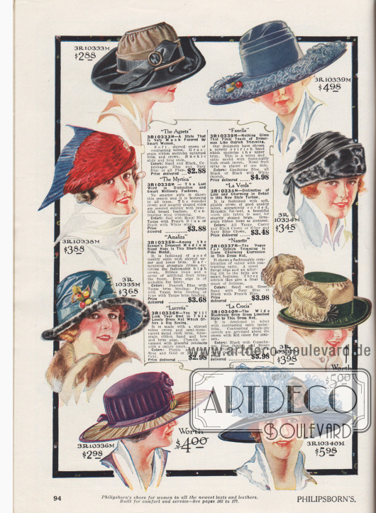 Acht äußerst kleidsame Hüte für modebewusste Damen. Die Hüte sind aus kontrastierendem Samt, Samt und Satin, vollständig aus Brustfedern hergestellt (3R10338) oder gekräuseltem Samt mit halbtransparenten, feinen Metallfäden.
Als Aufputz der Damenhüte dienen Ripsbänder in verschiedenen Breiten teilweise mit Metallschließen, Bänder aus Straußenfedern, künstliche Früchte und Beeren, Ripsbandschleifen, Ornamente aus Chenille, nachempfundene Vogelflügel oder auch opulente Straußenfeder-Schmuckelemente und Federflanken. Zwei Hüte sind berandet mit künstlichen Pelzrollen oder Pelzblenden, die Maulwurfsfell nachahmen (engl. „Moleskin fur-text“ oder „fur-fabric“).
Unter den Modellen sind ein Turban (3R10334M) sowie ein Hut im Schuten-Stil (3R10335M). Viele Modelle mit breiter Krempe.