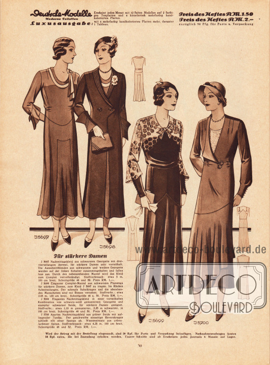 5697: Nachmittagskleid aus schwarzem Georgette mit dreiviertellangem Ärmel, für stärkere Damen sehr vorteilhaft. Die Ausschnittblenden aus schwarzem und weißem Georgette werden auf der linken Schulter zusammengehalten und fallen lose aus. Durch den nebenstehenden Mantel wird das Kleid zum Complet vervollständigt.
5698: Eleganter Complet-Mantel aus schwarzem Flamenga für stärkere Damen, zum Kleid 5697 zu tragen. Im Rücken Schnitteilungen. Der schmale Schalkragen und die abstehenden Manschetten sind mit Biesen versehen.
5699: Elegantes Nachmittagskleid in einer vorteilhaften Kombination von schwarz-weiß gemustertem Georgette und stumpfer schwarzer Seide, für stärkere Damen geeignet.
5700: Apartes Nachmittagskleid aus grüner Seide mit aufliegender Tunika. Der geschweifte einseitige Reverskragen schließt mit einer Spange ab. Westeneinsatz aus crêmefarbener Spitze.