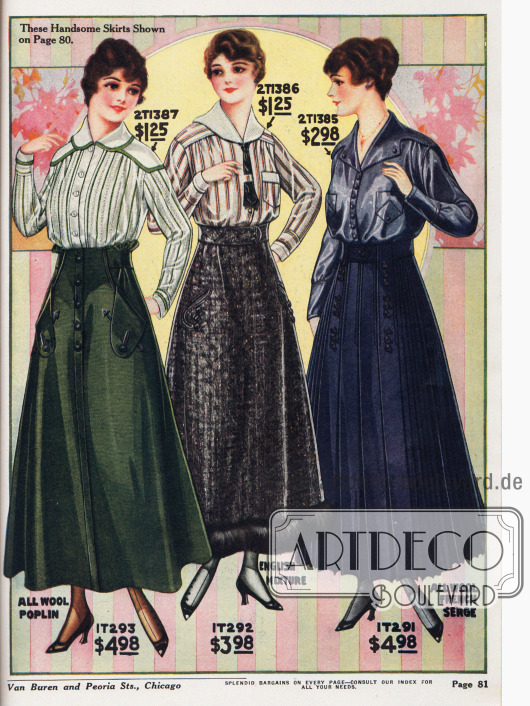 Damenblusen aus gestreiftem Madras (Baumwollstoff) und Chiffon-Taft. Große capeartige, weit überlappende Kragenformen bringt die Mode 1916 hervor. Zwei Modelle zeigen Brusttaschen.
Die fein gearbeiteten Röcke mit passend eingearbeiteten Gürtelbändern sind aus Woll-Poplin, englischem Baumwollstoff mit Saumbesatz aus Kaninchenpelz und französischem Serge (Wolle) geschneidert. Seitlich eingearbeitete Taschen (erste zwei Modelle), Zierknöpfe sowie großzügig eingearbeitete Falten (letztes Modell) geben den Kundinnen verschiedene Auswahlmöglichkeiten.