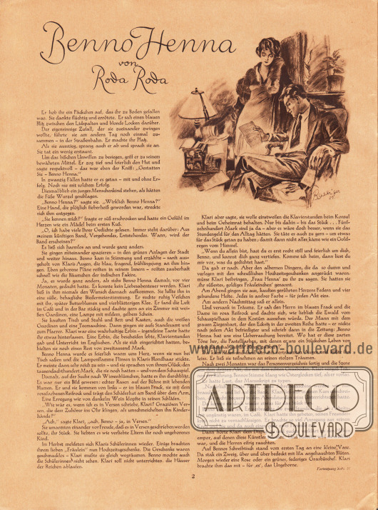 Artikel:
Roda Roda, Benno Henna.
Zeichnung: Heinz Raebiger (1903-ca.1955).