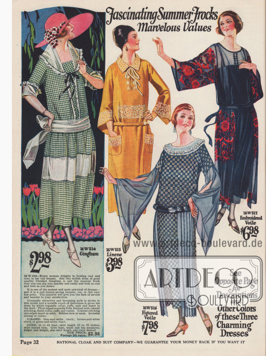 „Faszinierende Sommerkleider“ aus Gingham, Leinen, Schleierstoff (Baumwolle) und besticktem Schleierstoff.
Zeigen die Sommerkleider keine kurzen Ärmel, dann sind die Ärmel sehr weit geschnitten.