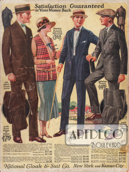 Herrenanzüge und ein Sportensemble für die Dame bestehend aus einer Strickjacke (Cardigan) und einem plissierten Sportrock.