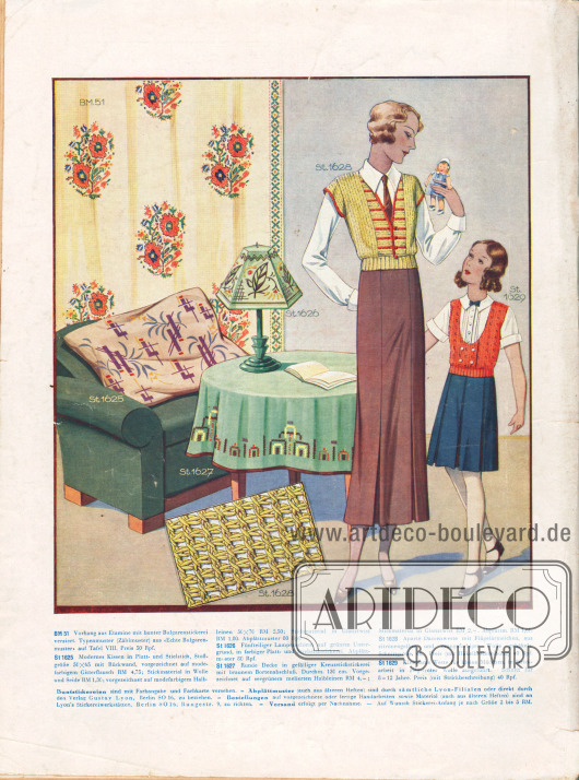 BM 51: Vorhang aus Etamine mit bunter Bulgarenstickerei verziert.
St 1625: Modernes Kissen in Platt- und Stielstich, Stoffgröße 50 x 65 mit Rückwand.
St 1626: Fünfteiliger Lampenschirm auf grünem Untergrund, in farbiger Platt- und Stielstichstickerei.
St 1627: Runde Decke in gefälliger Kreuzstichstickerei mit braunem Bortenabschluß. Durchmesser 130 cm.
St 1628: Aparte Damenweste mit Flügelärmelchen, aus zitronengelber und orangefarbiger Wolle gehäkelt.
St 1629: Kleidsame Weste für kleine Mädchen, in Stickarbeit in ziegelroter Wolle ausgeführt. Schnitt für 8 bis 12 Jahre.