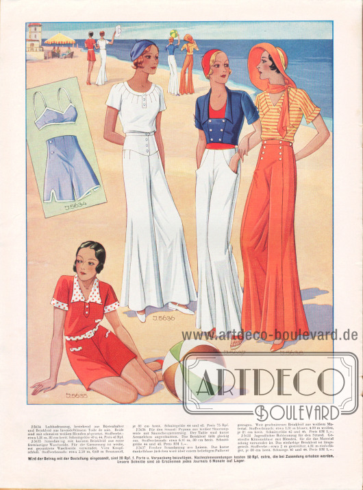5634: Luftbadeanzug, bestehend aus Büstenhalter und Beinkleid aus lavendelblauem Toile de soie. Beide sind mit schmalen weißen Blenden abgesetzt.
5635: Strandanzug mit kurzem Beinkleid aus roter frottéartiger Waschseide. Für die Garnierung ist weiße, rot gepunktete Waschseide verwendet. Vorn Knopfschluß.
5636: Für den Strand: Pyjama aus weißer Shantungseide mit Säumchengarnierung. Der Taille sind kurze Ärmelchen angeschnitten. Das Beinkleid fällt glockig aus.
5637: Fescher Strandanzug aus Leinen. Das kurze dunkelblaue Jäckchen wird über einem beliebigen Pullover getragen. Weit geschnittenes Beinkleid aus weißem Material.
5638: Jugendlicher Bobbyanzug für den Strand. Gestreifte Kimonobluse mit Blenden, für die das Material schräg verwendet ist. Das einfarbige Beinkleid ist längsgeteilt.